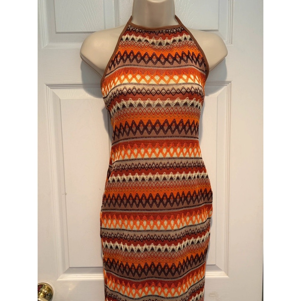 SHEIN Halter Bodycon Midi Dress Small Orange Tribal Boho Stretch Summer Festival